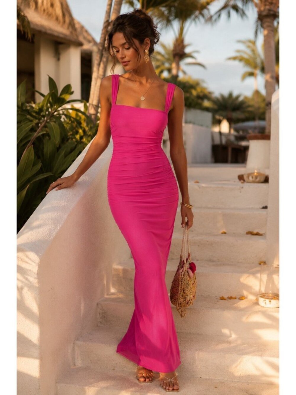 Lulus Amazing Presence Maxi Dress XS Fuchsia Pink Ruched Stretch Mesh Column